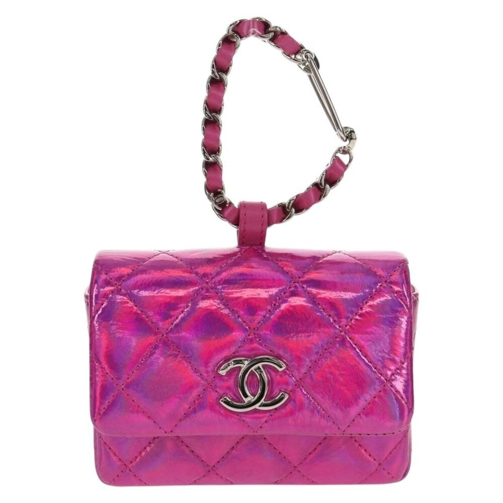 Chanel Matelasse Hand Pouch Charm Patent Leather Pink Silver CC